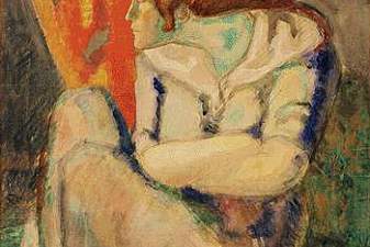 Seated woman on a striped floor