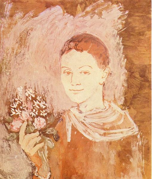 Boy with bouquet of flowers in his hand 