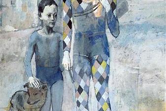 Two acrobats with a dog