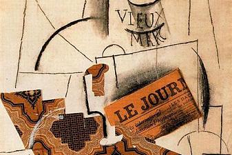 Bottle of Vieux Marc, Glass and Newspaper
