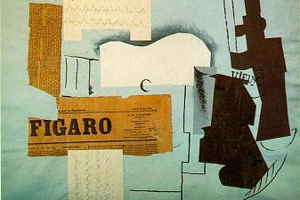 Bottle of Vieux Marc, Glass, Guitar and Newspaper