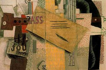 Clarinet, bottle of bass, newspaper, ace of clubs