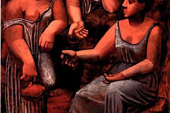 Three women at a fountain