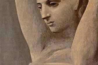 Bust of a woman, arms raised