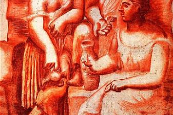 Three women at a fountain