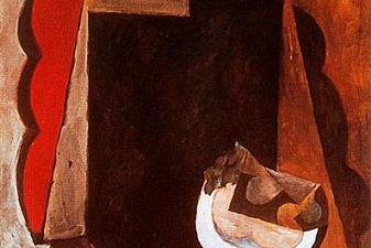 Figure with fruit dish