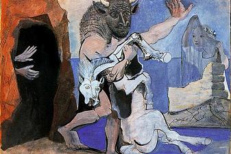 Minotaur with dead horse in front of a cave facing a girl in veil