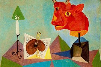 Candle, palette, head of red bull