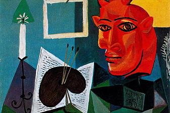 Candle, palette, head of red bull