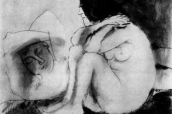 Sleeping man and sitting woman