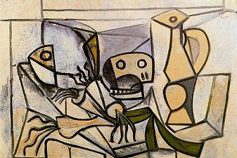 Leeks, fish head, skull and pitcher