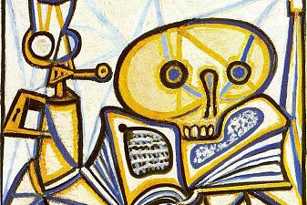 Crane, book and oil lamp