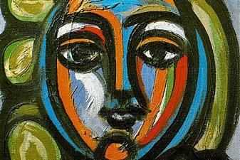 Head of a woman with green curls