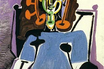 Seated Francoise with blue dress