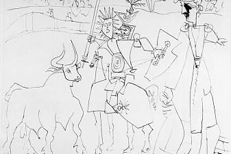 Picador on the horseback on arena