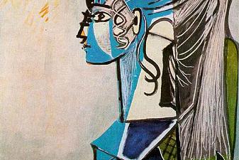 Portrait of Sylvette David in green chair