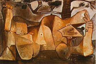 Lying female nude under the pine tree