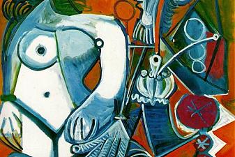 Standing female nude and man with pipe