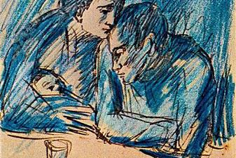 Man and woman with child in café