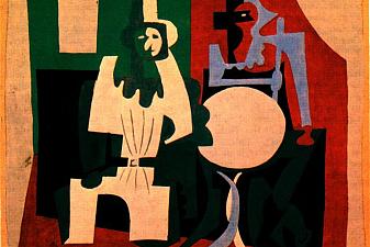 Pierrot and harlequin on the terrace of café