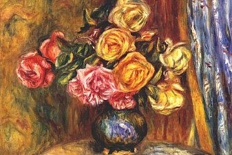 Roses in front of a blue curtain