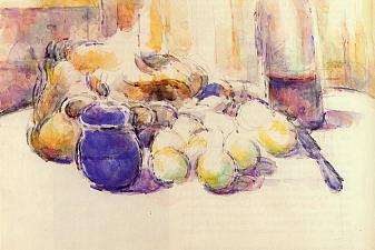 Blue Pot and Bottle of Wine