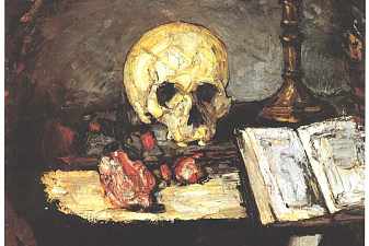 Still life with skull, candle and book