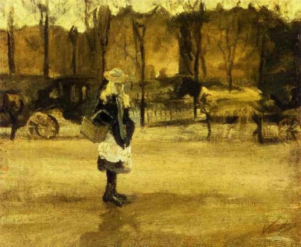 A Girl in the Street, Two Coaches in the Background 