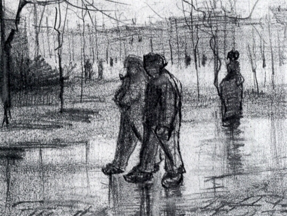 A Public Garden with People Walking in the Rain 