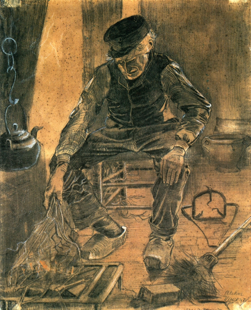 An Old Man Putting Dry Rice on the Hearth 