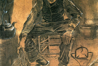 An Old Man Putting Dry Rice on the Hearth