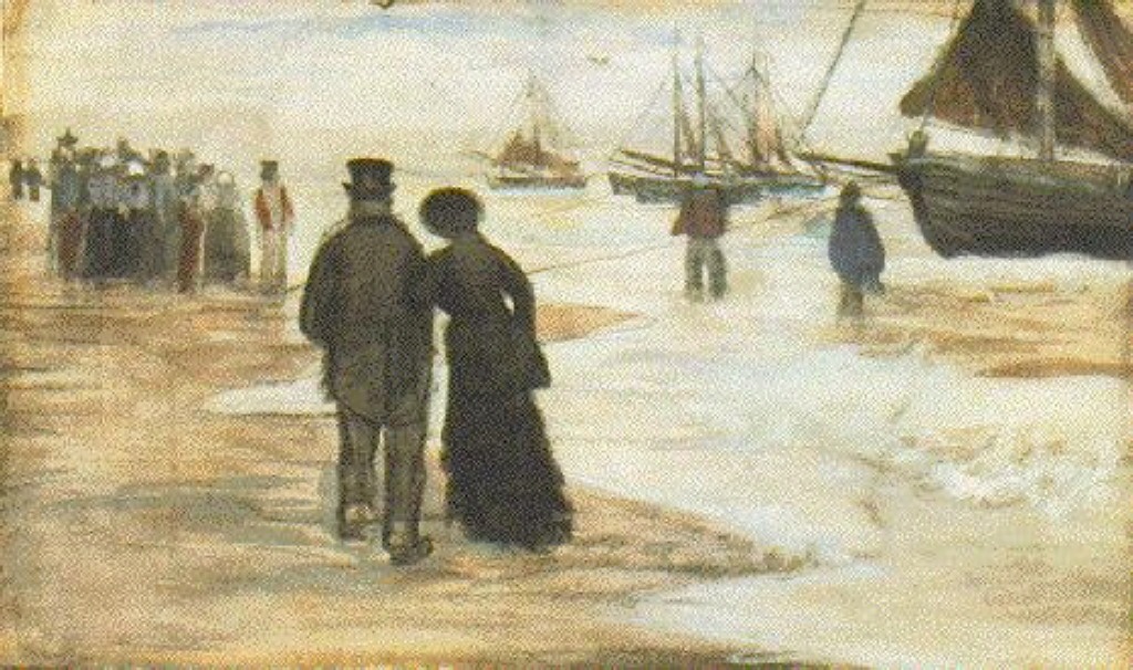 Beach with People Walking and Boats 