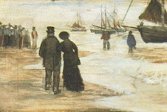 Beach with People Walking and Boats