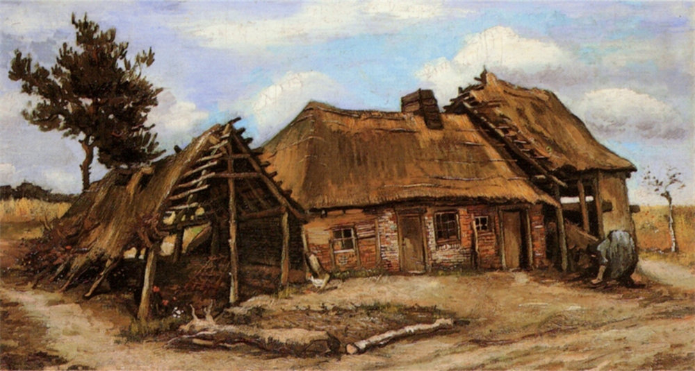 Cottage with Decrepit Barn and Stooping Woman 