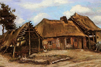 Cottage with Decrepit Barn and Stooping Woman