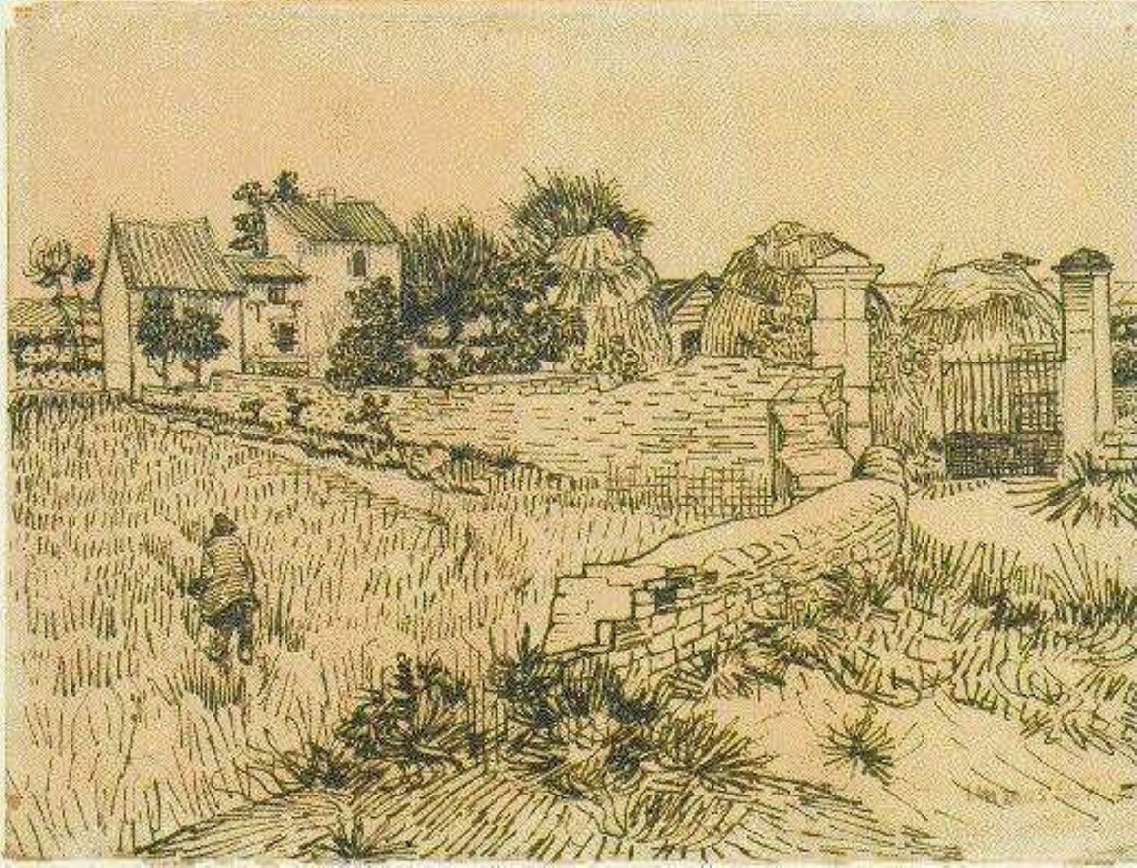 Entrance Gate to a Farm with Haystacks 