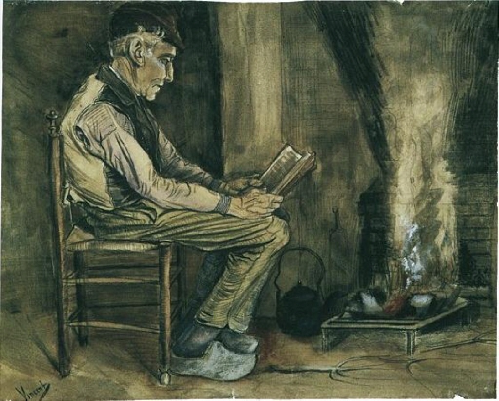 Farmer sitting at the fireside and reading 