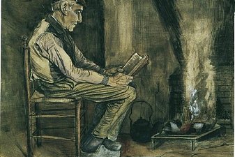 Farmer sitting at the fireside and reading