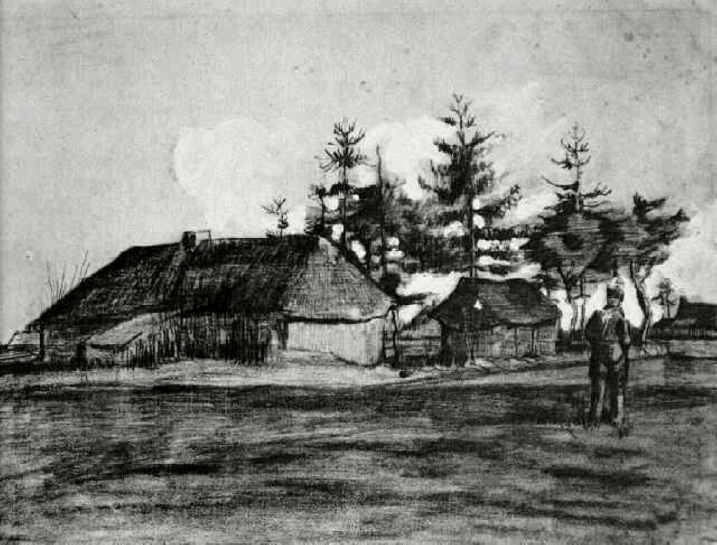 Farmhouse with Barn and Trees 