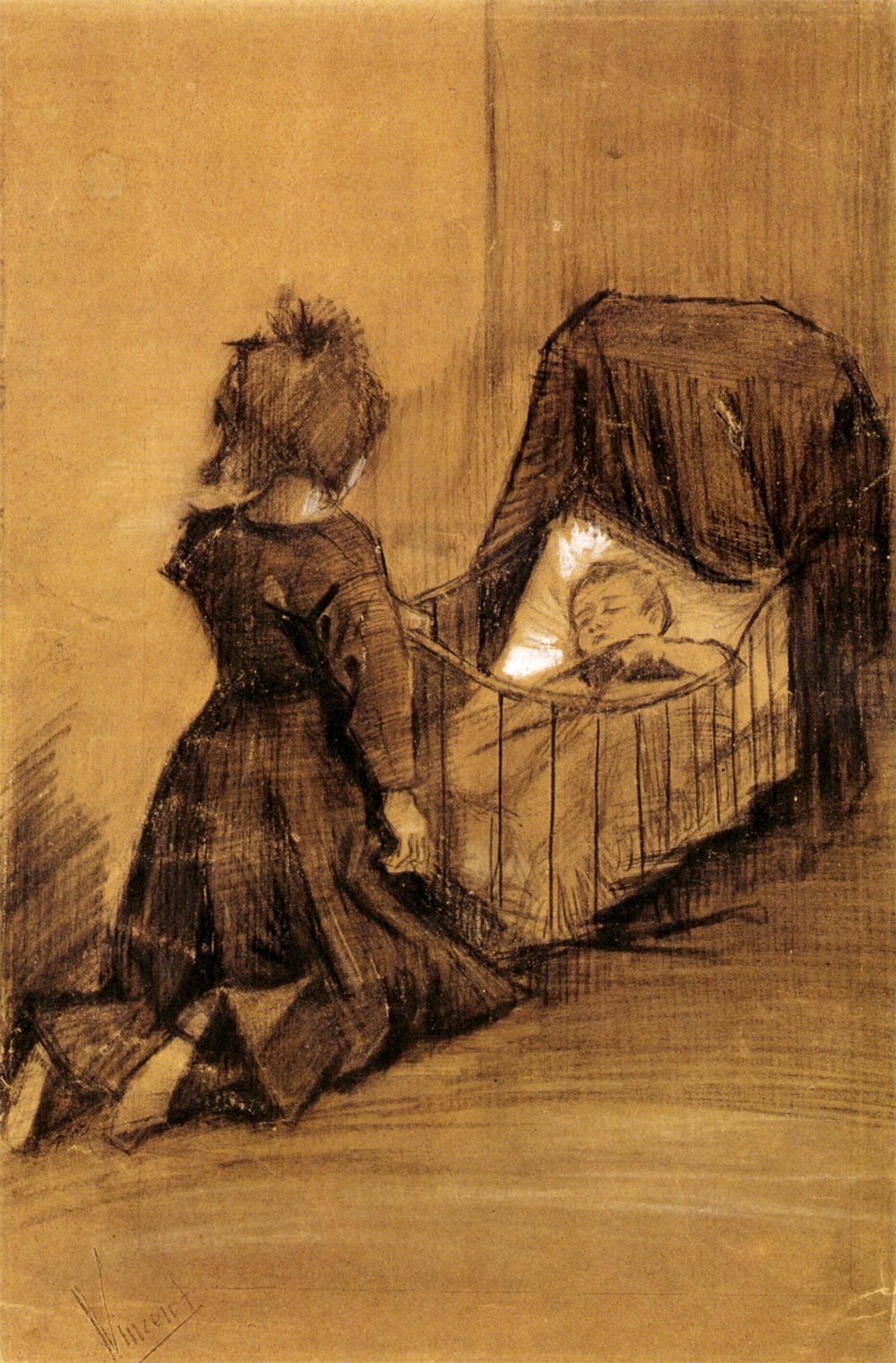 Girl Kneeling by a Cradle 