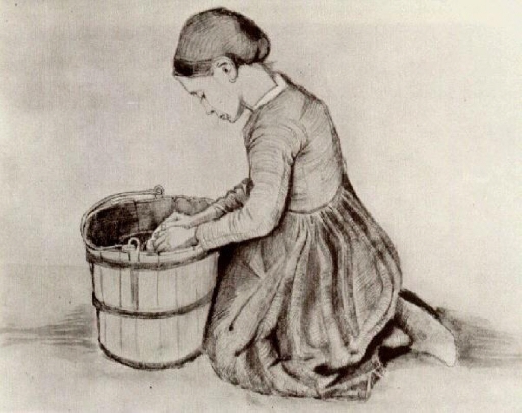 Girl Kneeling in Front of a Bucket 