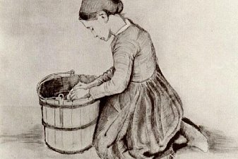 Girl Kneeling in Front of a Bucket
