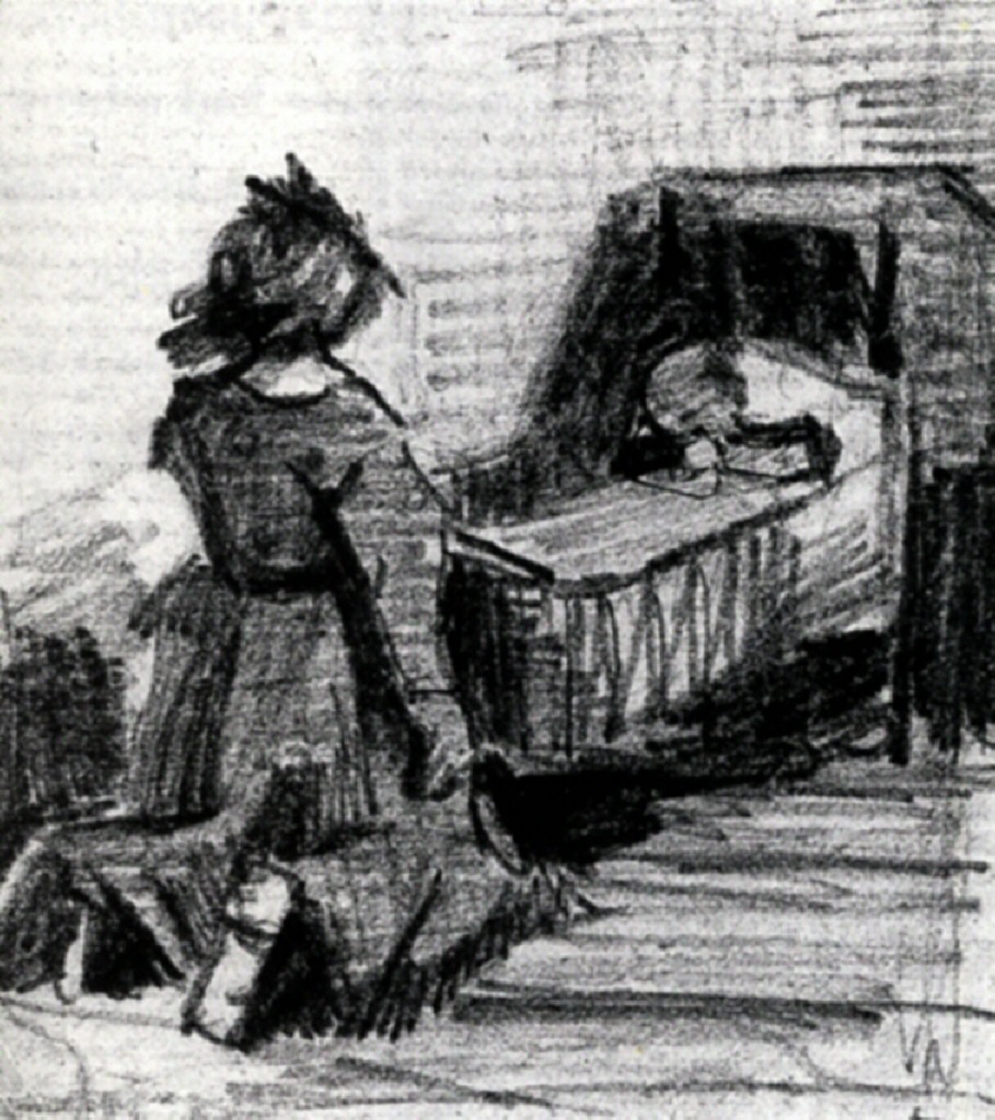Girl Kneeling in Front of a Cradle 