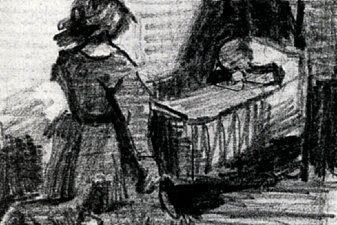 Girl Kneeling in Front of a Cradle