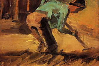 Man Stooping with Stick or Spade