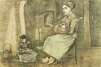 Mother at the Cradle and Child Sitting on the Floor