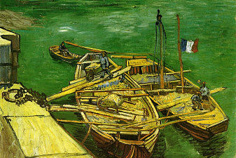 Quay with Men Unloading Sand Barges