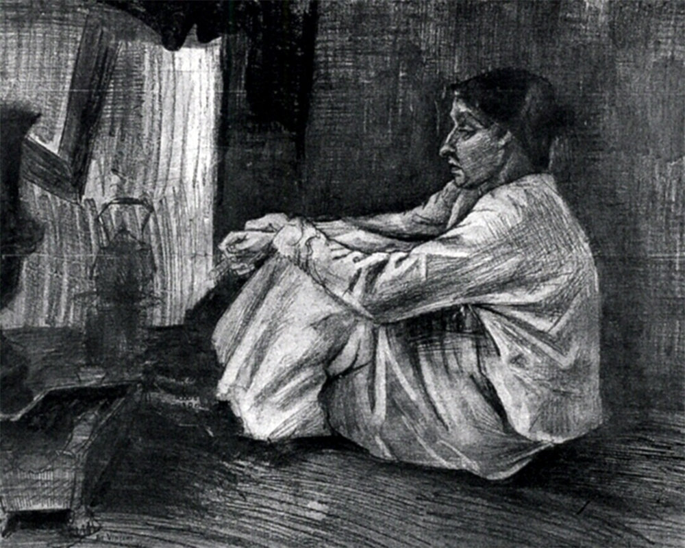 Sien with Cigar Sitting on the Floor near Stove 