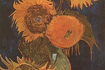Still Life Vase with Five Sunflowers