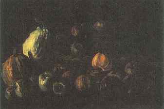 Still life with a basket of apples and two pumpkins